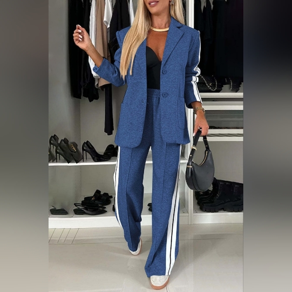 Full Size Contrast Lapel Collar Top and Pants Set - Picture 1 of 5